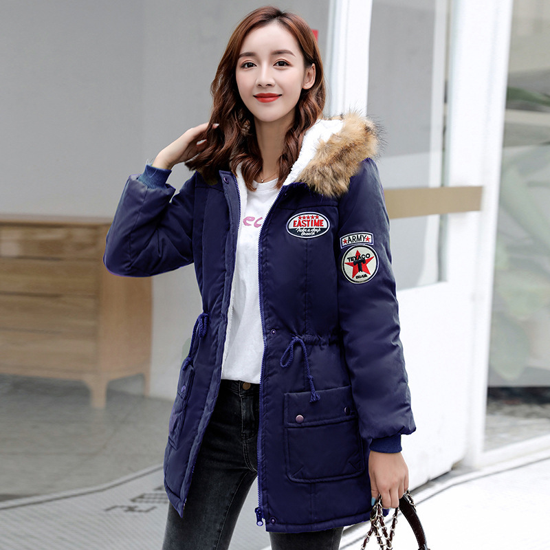 2023 otoño e invierno nuevo estilo coreano con capucha engrosada cálida chaqueta acolchada de algodón de longitud media más tamaño ropa de trabajo chaqueta acolchada de algodón para mujer