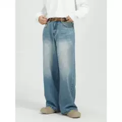 Mtlclothes Men's Clothing |   Korean Style Loose and Versatile Faded Blue Straight-Leg Wide-Leg Jeans for Men, Casual and Everyday Wear.