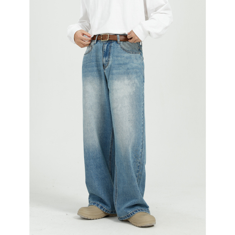 Mtlclothes Men's Clothing | Korean Style Loose and Versatile Faded Blue Straight-Leg Wide-Leg Jeans for Men, Casual and Everyday Wear. Mtlclothes Men's Clothing | Korean Style Loose and Versatile Faded Blue Straight-Leg Wide-Leg Jeans for Men, Casual and Everyday Wear.
