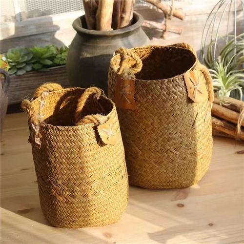 Pastoral bamboo woven straw portable hemp rope seaweed dried flower barley bulrush woven basket portable