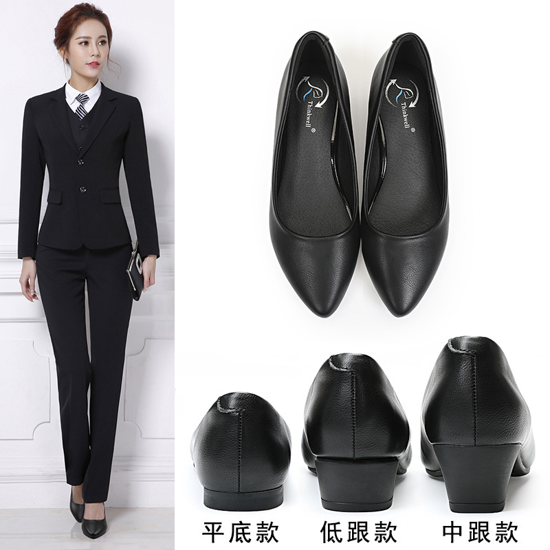 Work Shoes Women's Black Leather Shoes Autumn Flat Flat Low Heel Middle Heel Block Heel Large Size Single-layer Shoes Small Size Women's Shoes