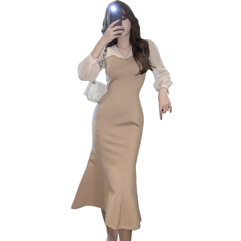 Đầm ôm body nữ dáng dài tay kiểu nàng tiên cá — Màu Kaki