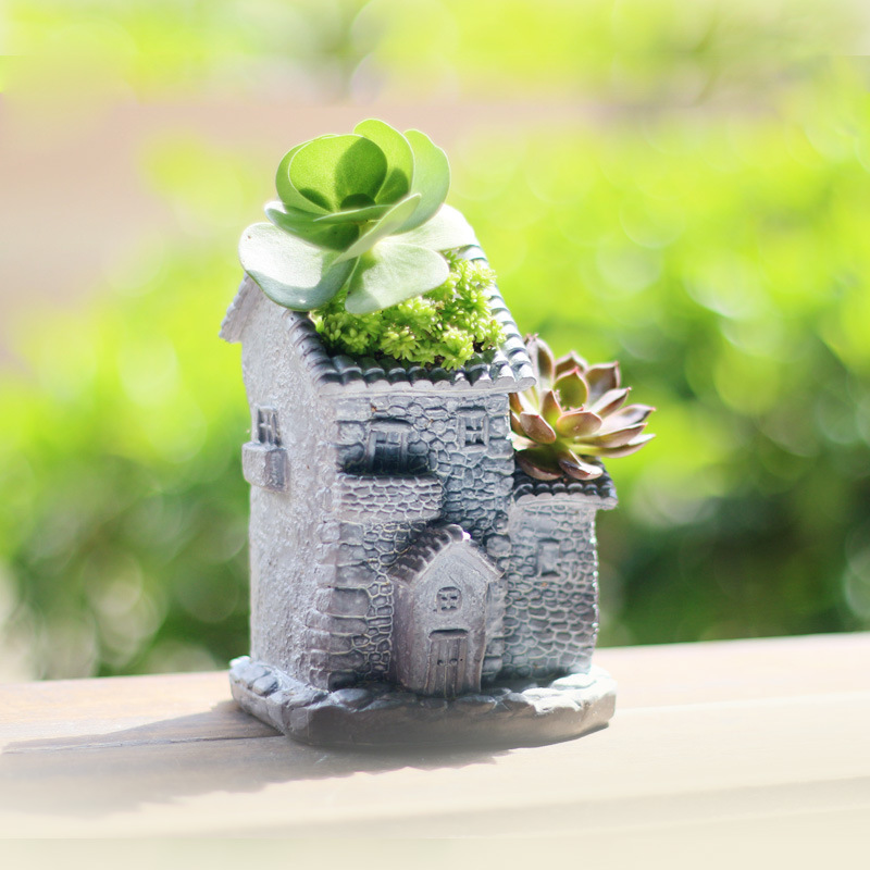 Chậu Cây Resin Chậu cây mọng nước hình ngôi nhà vintage resin, chậu mini DIY, trang trí tiểu cảnh (RG-128)