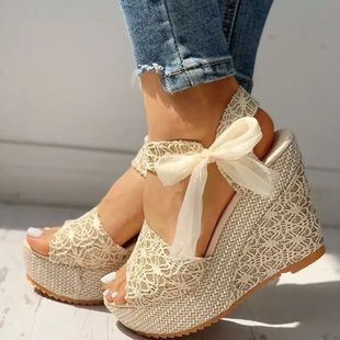 2020 Summer New Fashion Wedge Peep Toe Women's Sandals Korean Style High Heel Sandals Lace-up Platform Platform Platform Sandals
