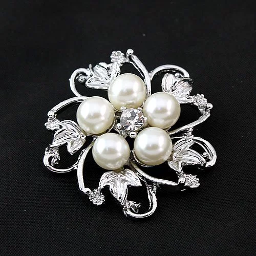 Brooch, metal golden lapel pin, Korean style, pearls and rhinestones, 36 mm