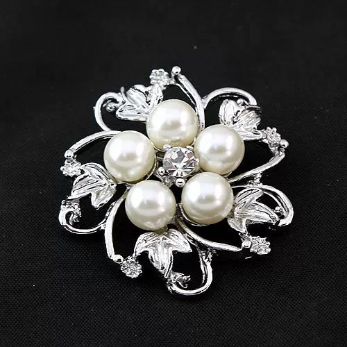 Brooch, metal golden lapel pin, Korean style, pearls and rhinestones, 36 mm