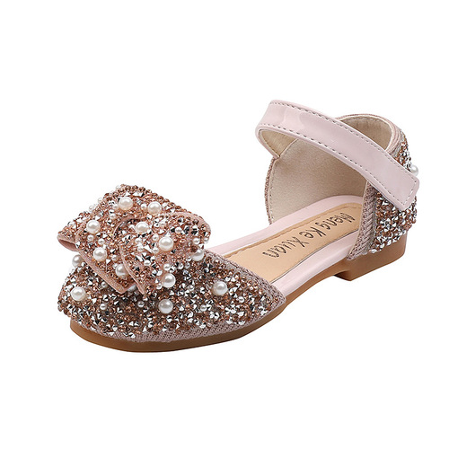  Girls' Single Shoes Spring and Autumn New Pearl Rhinestone Bow Small and Middle Children Dance Shoes Performance Shoes Half Sandals