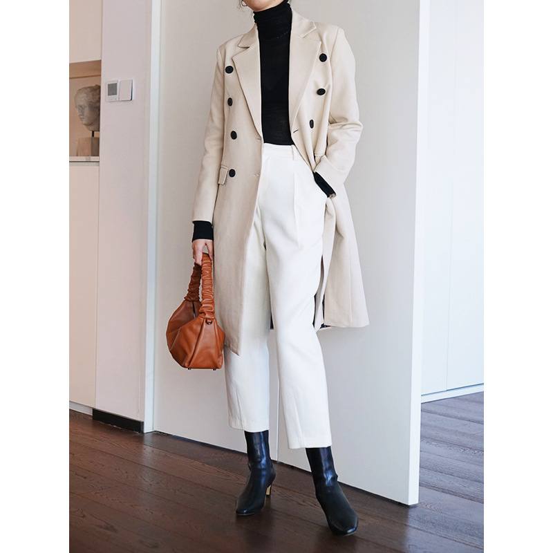 In-Stock Manufacturer Wholesale New Solid Color Shell Luster Triacetate Double-Breasted Slit Mid-Length Coat for Women