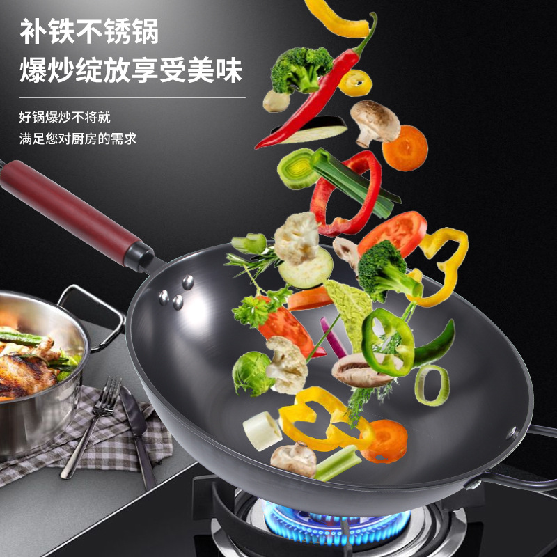 FUENTE Fábrica de hierro forjado wok sin recubrimiento hogar saludable plana universal genuino wok inoxidable al por mayor