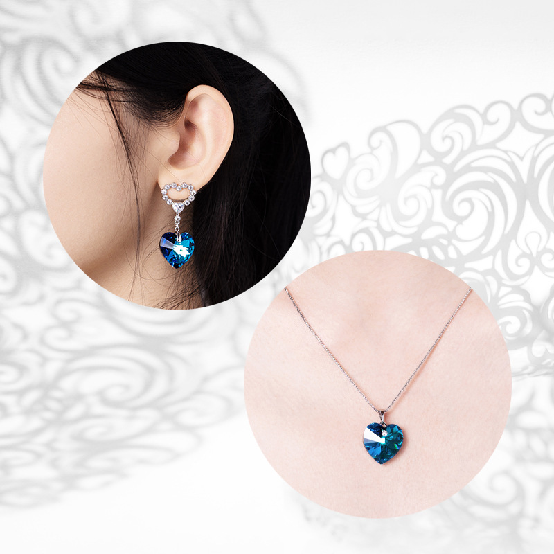 Joyería Xuping de aleación chapada en oro, conjunto de corazón oceánico, suministro directo de fábrica, collar y aretes de cristal de imitación para mujer.