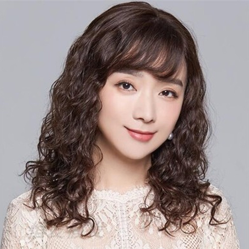 Wig women's full head cover middle-aged and elderly long curly hair real hair cover handmade hot fluffy natural 45CM head cover wholesale