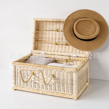 印尼白藤手工编织收纳箱衣物整理箱野餐提手篮家居杂物筐带盖箱