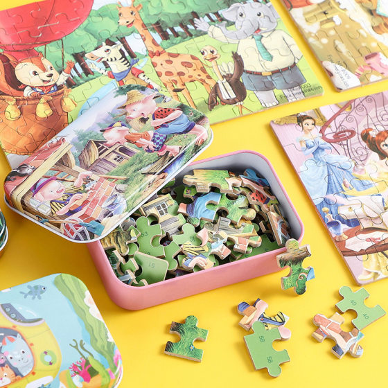 60 Piece Iron Box Wooden Puzzle Children's Early Childhood Puzzle Kindergarten Gift Creative Cartoon Puzzle Flat Toy