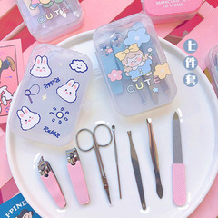 Cartoon Print Nail Clipper Set Silicone Non-Slip Nail Trimmer 7-Piece Set Stainless Steel Nail Beauty Tool Set
