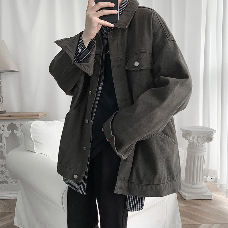 Abrigo de mezclilla de los hombres Hong Kong estilo Otoño e Invierno ropa suelta estilo coreano moda ins marca de moda herramientas chaqueta a juego