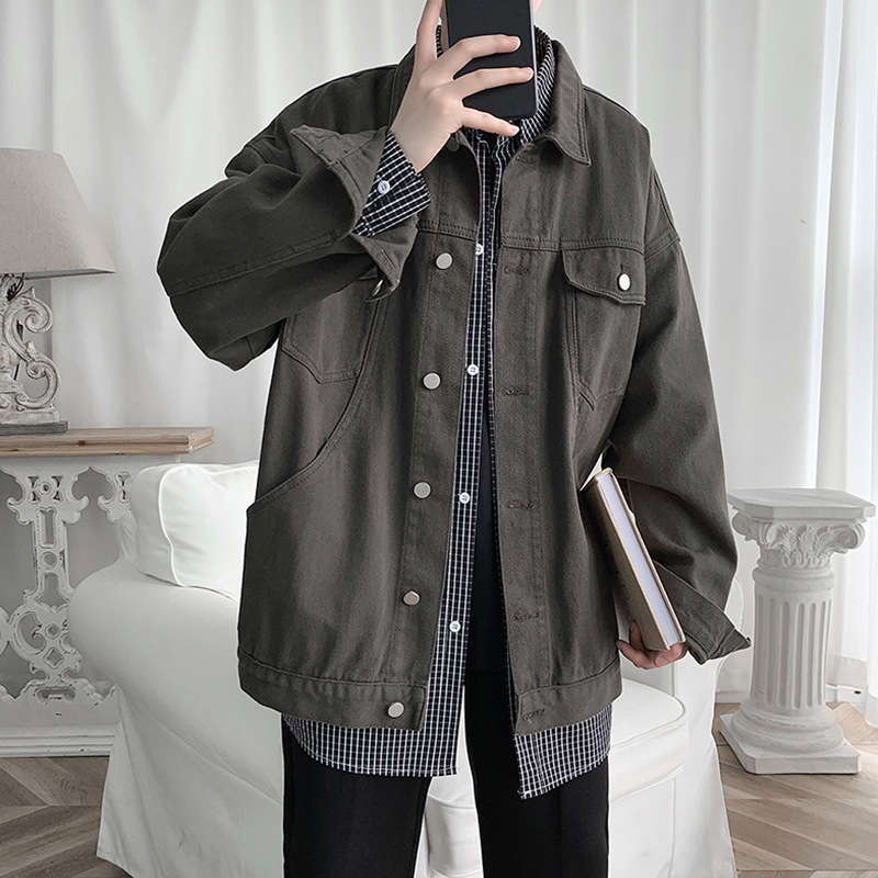 Abrigo de mezclilla de los hombres Hong Kong estilo Otoño e Invierno ropa suelta estilo coreano moda ins marca de moda herramientas chaqueta a juego