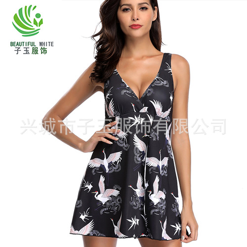 Women's Conservative European and American Plus-Size Swan Print Split Sexy Bikini One-Piece Swimsuit