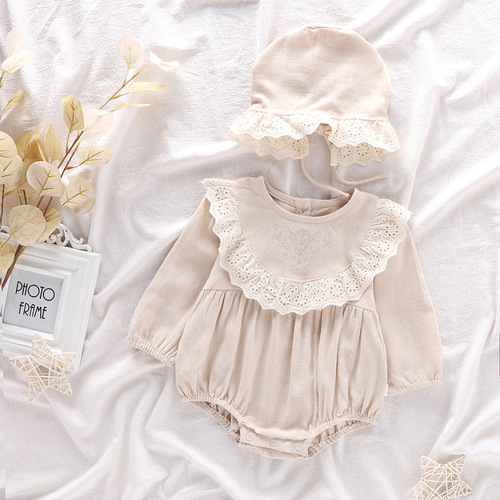 Ins Spring and Autumn Baby Girl Bodysuit Princess Climbing Suit with Diaper Cover Lace Bodysuit and Hat