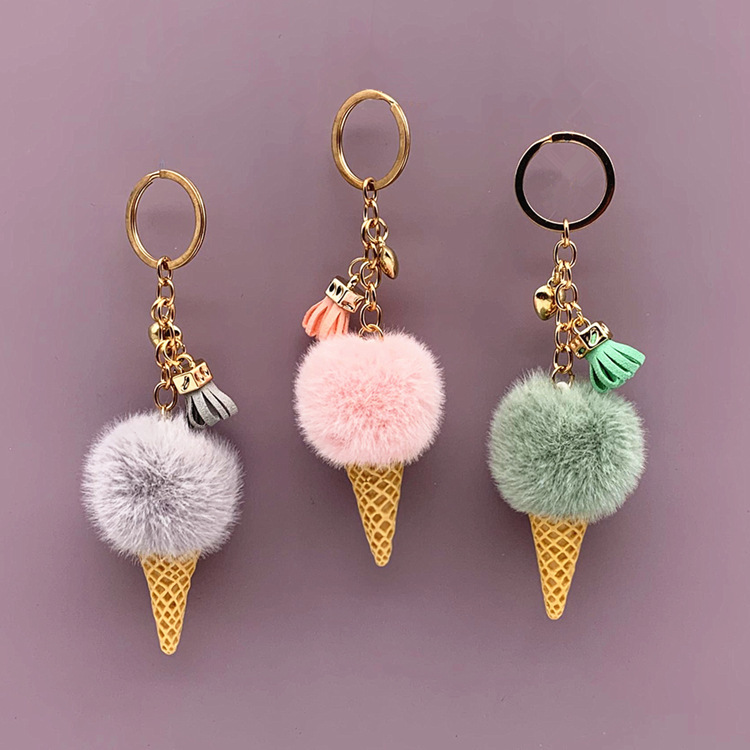 Ice Cream Keychain Cute Bag Cartoon Plush Pendant Cone Car Key Chain Ring Fur Ball Creative Gift