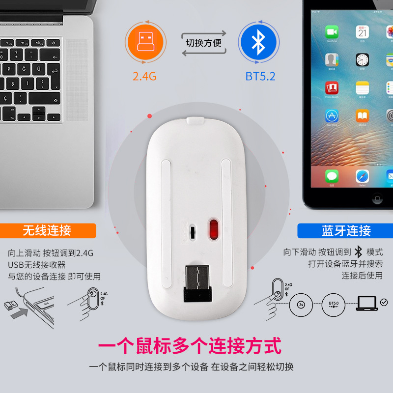 Cross-border recargable mudo diamante incrustado Bluetooth de doble modo de ratón de regalo electrónico colorido luminoso inalámbrico Bluetooth ratón