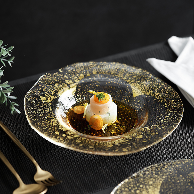 Japanese Imported Toyo Sasaki Hotel Club Banquet High-end Handmade Gold Foil Crystal Glass Plate