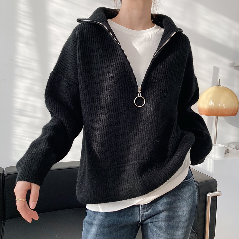 Autumn and Winter New Design High Neck Zipper Pullover Sweater Women's Lazy Style Loose Outer Wear Thickened Knitted Top for Women
