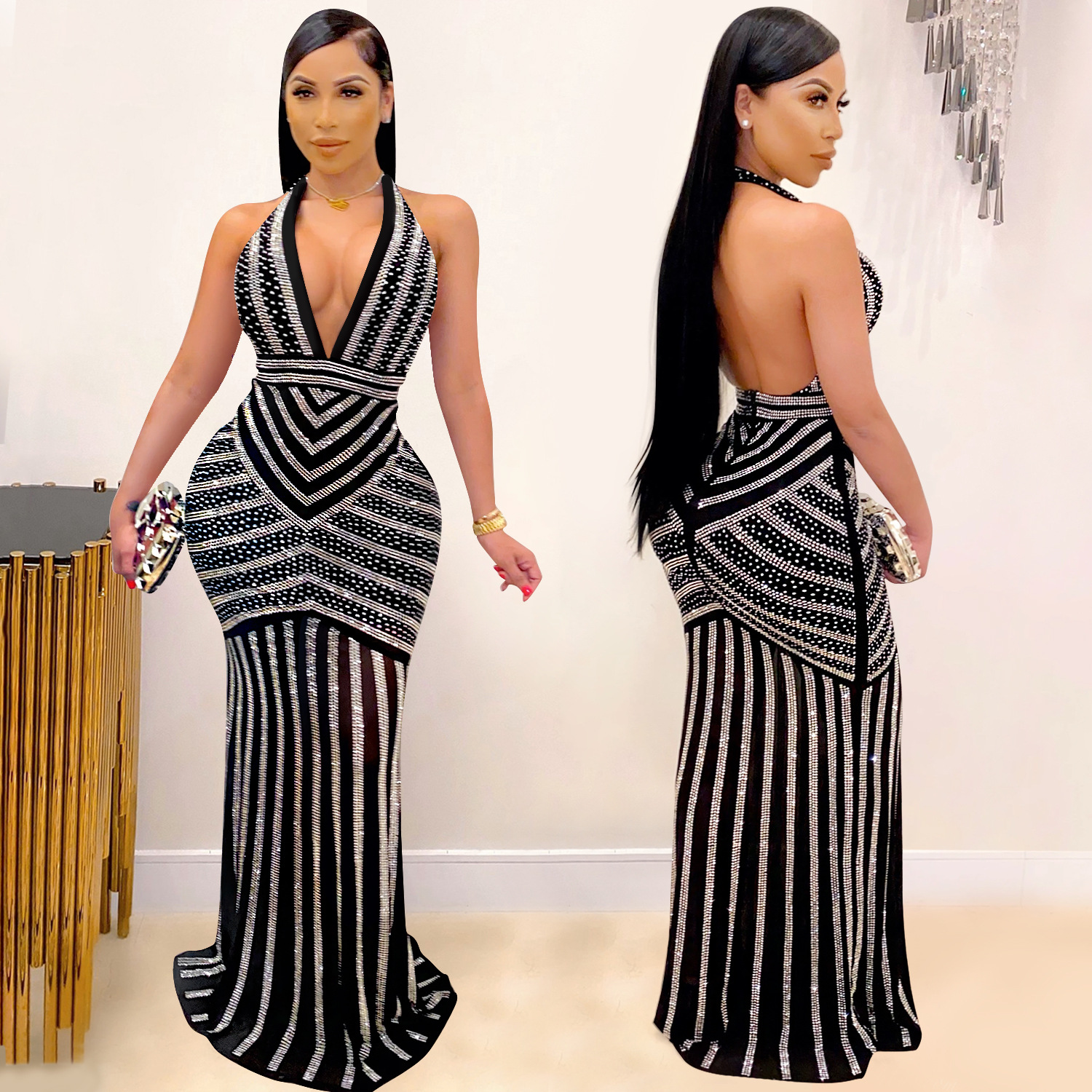 X3816 moda europea y americana eBay AliExpress sexy profundo V backless discoteca vestido de fiesta rhinestone ver a través del vestido