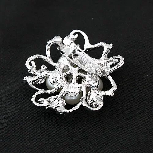 Brooch, metal golden lapel pin, Korean style, pearls and rhinestones, 36 mm