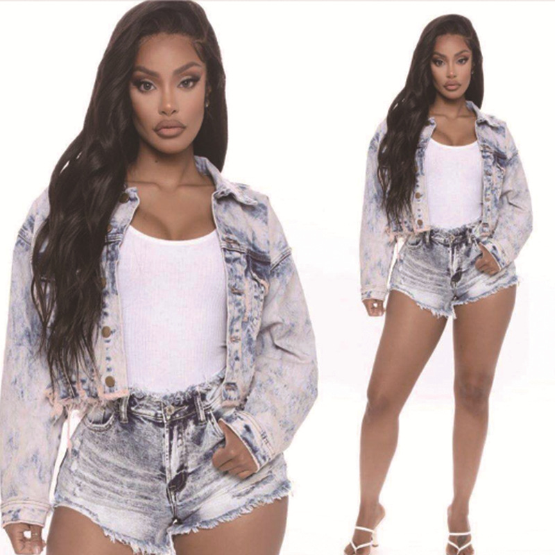 Fábrica en stock al por mayor de Europa y América Amazon Internet celebridad mismo estilo cintura baja apretado levantamiento cadera ripped borla ropa las mujeres Denim corto