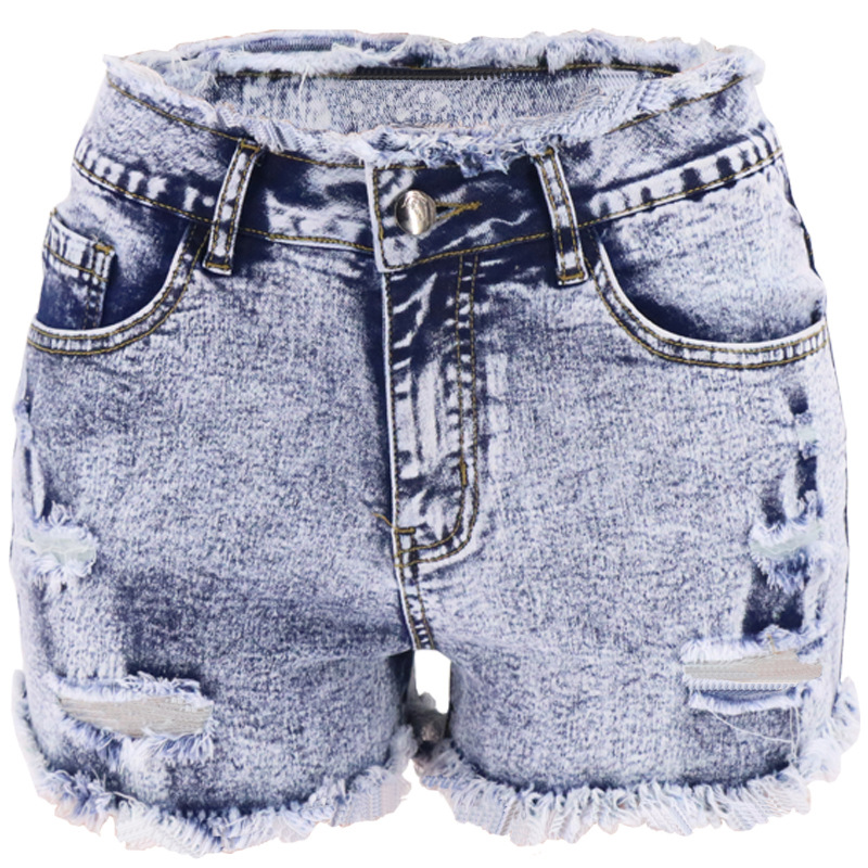 Fábrica en stock al por mayor de Europa y América Amazon Internet celebridad mismo estilo cintura baja apretado levantamiento cadera ripped borla ropa las mujeres Denim corto
