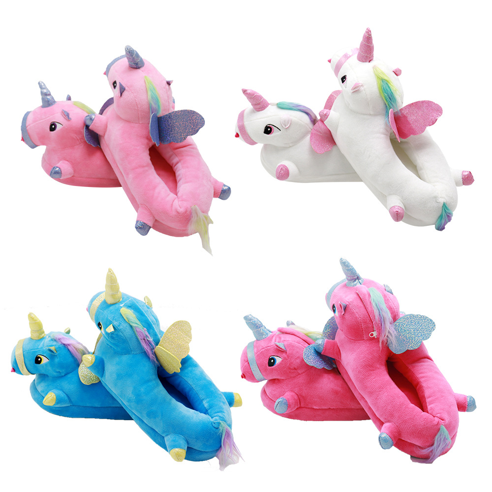 Wholesale autumn and winter unicorn luminous plush slippers built-in LED light with shiny wings cartoon cotton slippers ladies