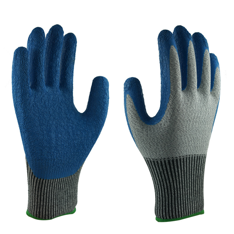 防切割HPPE灰纱蓝乳胶皱纹手套防切割特种防护劳保浸胶手套