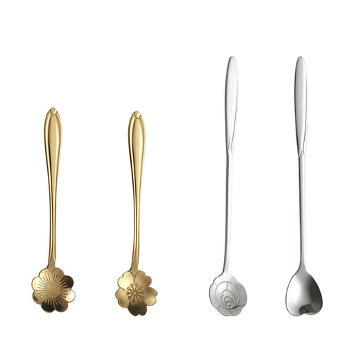 Creative stainless steel cherry blossom spoon, Japanese-style, popular coffee spoon, gold-plated, long handle, ice cream dessert stirrer, small spoon