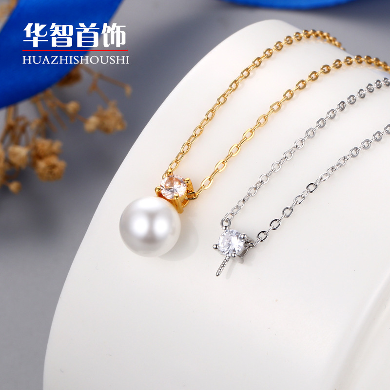 Fashion bead zircon simple geometric Japanese and Korean Pearl short clavicle chain necklace female empty end product manufacturers wholesale