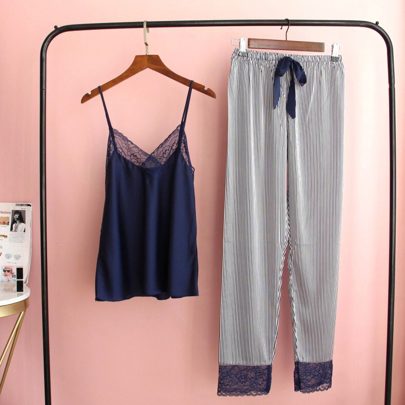 Sexy Ice Silk Sling Pajamas Striped Trousers Lace Two-Piece Set Home Clothes Extracurricular Wear Thin Sexy Ice Silk Sling Pajamas Striped Trousers Lace Two-Piece Set Home Clothes Extracurricular Wear Thin
