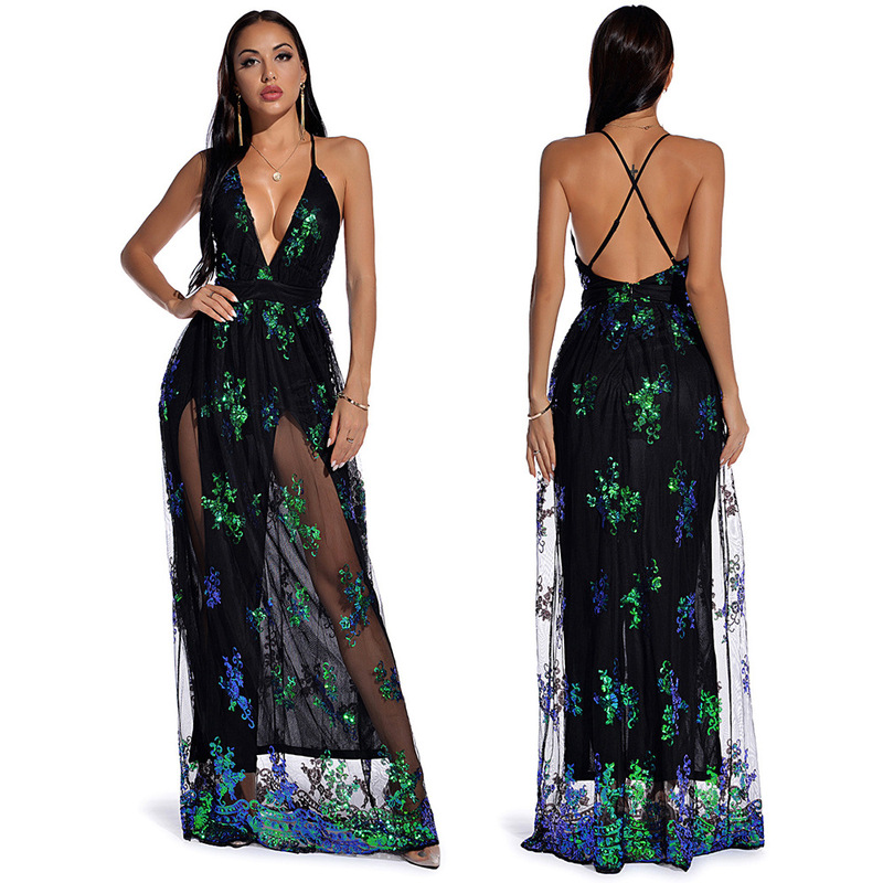 Sexy Suspender Large Hem Sequined Dress Long Skirt Aliexpress Amazon European and American Foreign Trade Cross-Border Women's Evening Dress