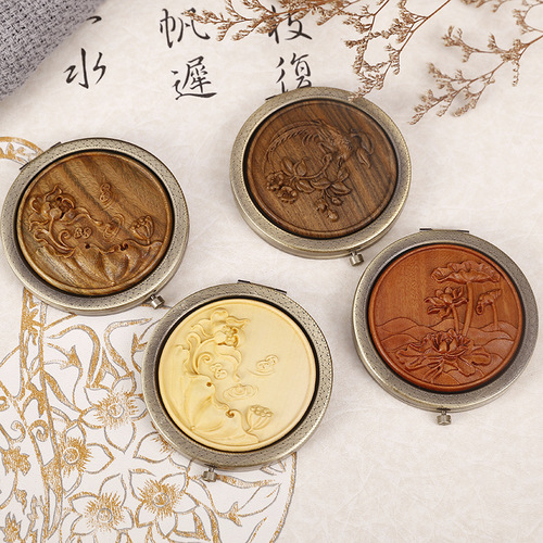 New vanity mirror green sandalwood portable vanity mirror exquisite round small mirror retro folding rosewood gift