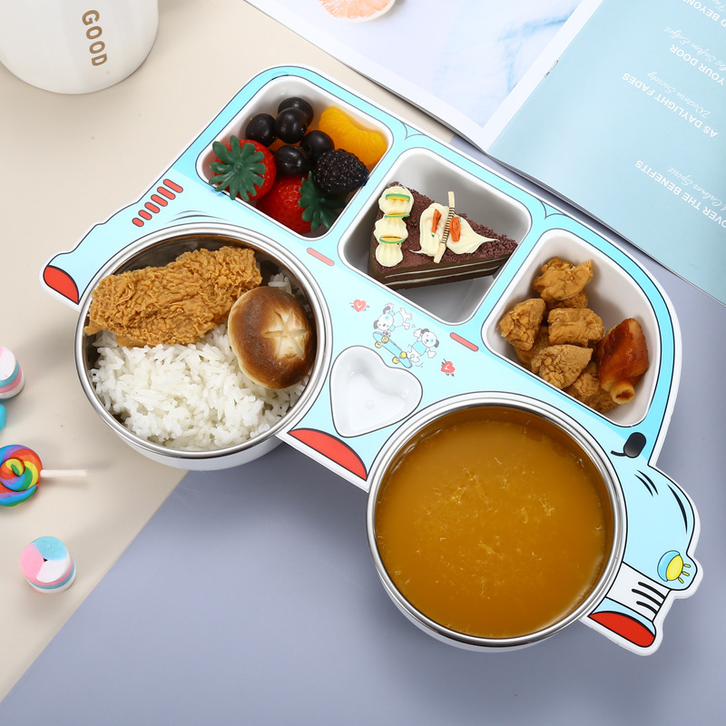 304 Stainless Steel Kidsren's Dinner Plate, Cartoon Car-Shaped Baby Food Bowl, Kindergarten Divided Plate, Special for Kindergarten Use