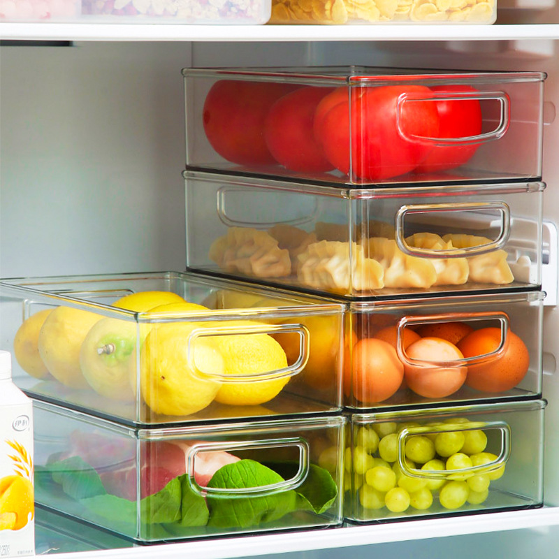 厨房冰箱收纳盒带提手透明果蔬饮料置物盒冷藏整理PET塑料保鲜盒