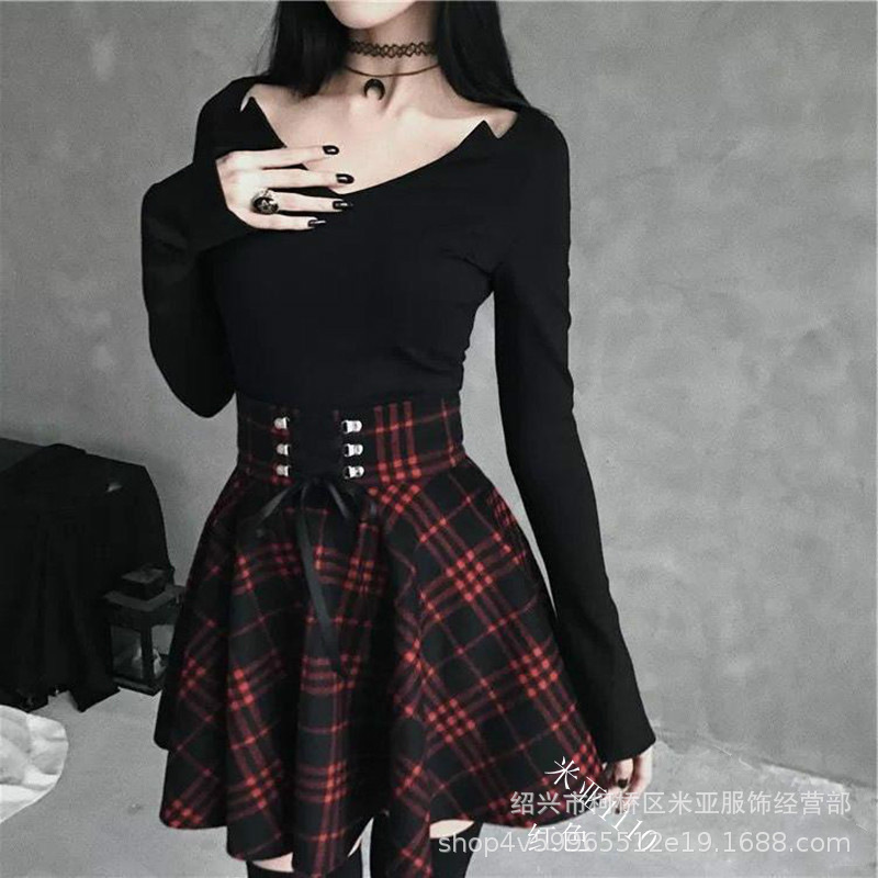 Amazon Foreign Trade Cross-Border European and American Dark Style Waist-Cinching Women's A-Line Skirt Plaid High-Waisted Slimming Tie Skirt Amazon Foreign Trade Cross-Border European and American Dark Style Waist-Cinching Women's A-Line Skirt Plaid High-Waisted Slimming Tie Skirt
