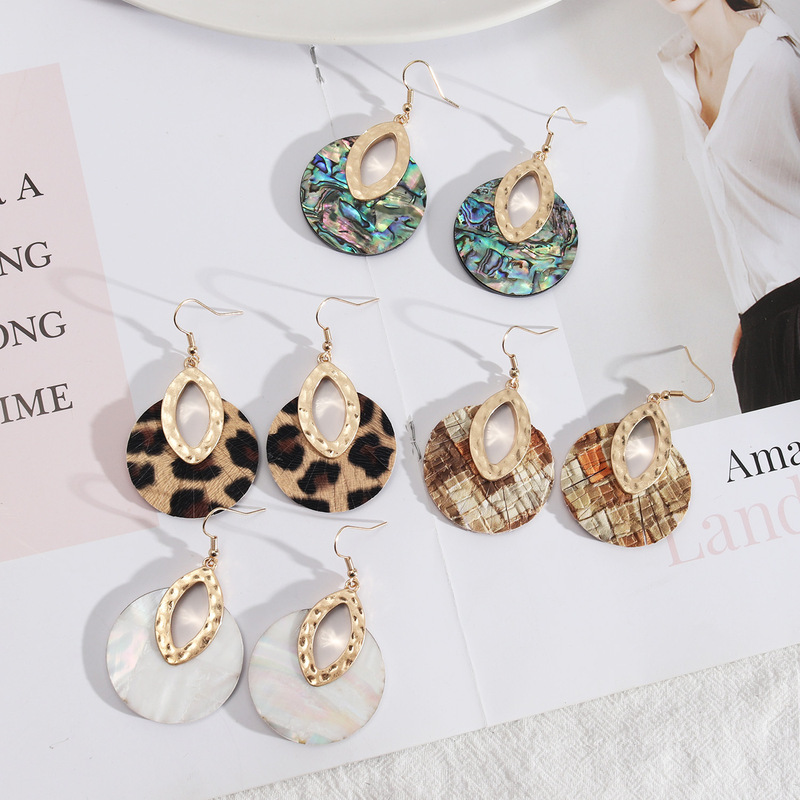 Trendy design European and American style jewelry leather inlay fashion round personality vintage abalone shell exquisite earrings