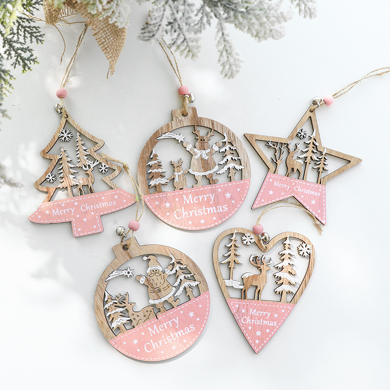 Transfronterizo nuevo árbol de Navidad colgante decoración suministros Rosa pintado de madera estrella de cinco puntas colgante amor Santa Claus