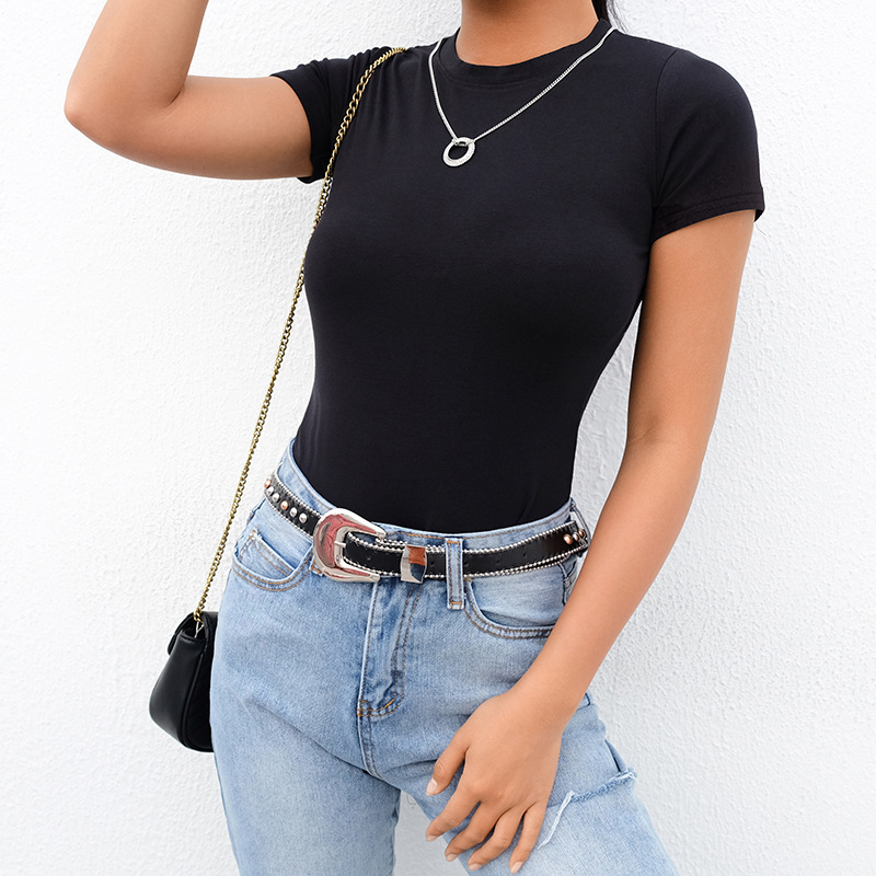 Camiseta popular europea y americana ropa de mujer 2023 verano nuevo Amazon color sólido todo partido cuello redondo Camiseta apretada de manga corta para mujeres