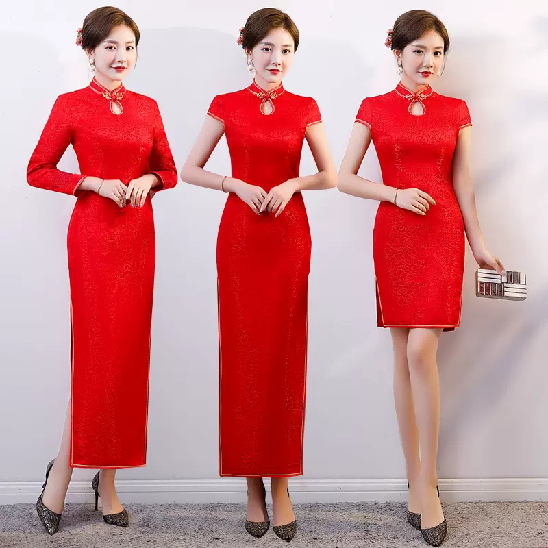 【礼仪旗袍】 红色长款修身显瘦礼仪旗袍 加棉加厚舞台礼仪旗袍