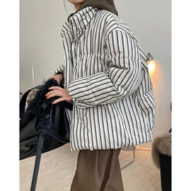 冬季新款韩版复古时髦条纹面包棉服休闲短款宽松休闲棉衣外套女厚
