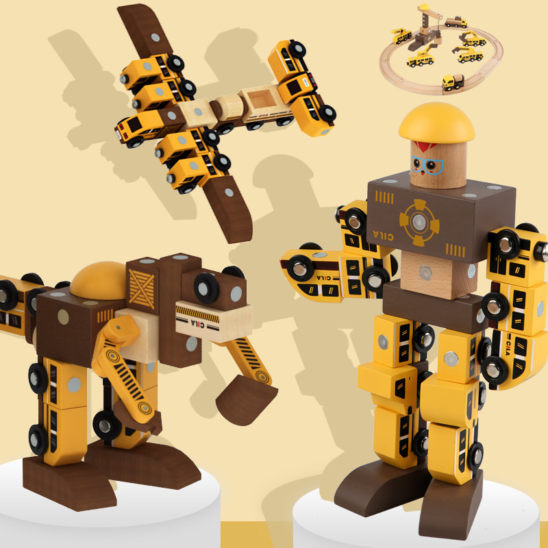 Robot de madera grúa DIY combinación traje de pista variedad magnética vehículo ingeniería montaje pequeño traje tren