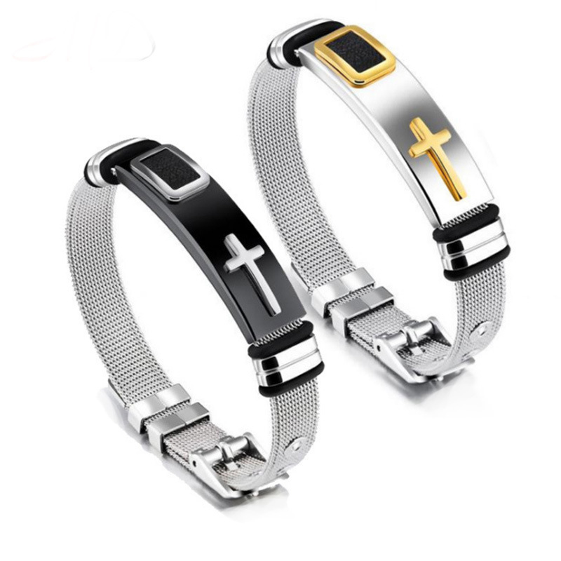 Cross-Border Popular Titanium Steel Mesh Bracelet Stainless Steel Bracelet Gold Cross Men's Bracelet Hip-Hop Jewelry Wholesale