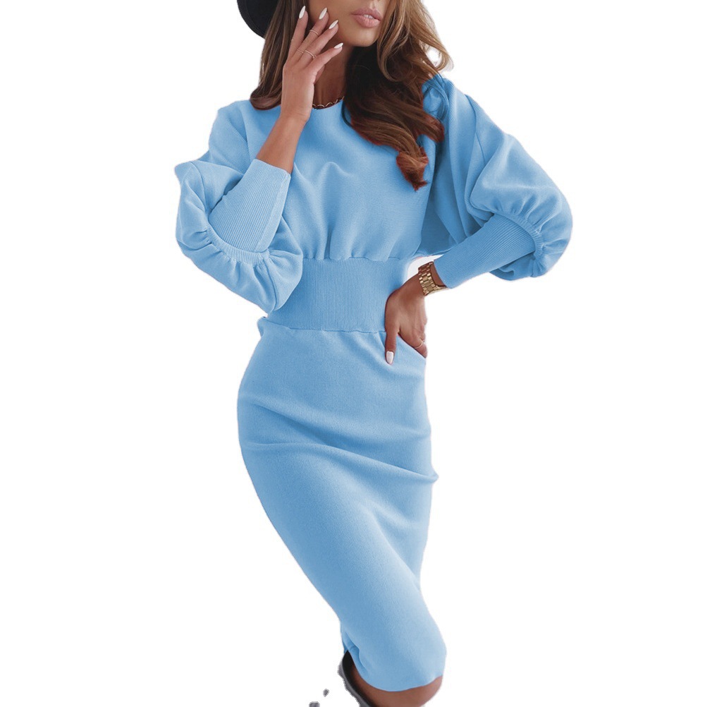 Ebay Cross-Border Wish European and American Casual Pure Color Round Neck Waist Knitwear Sexy Hip Dress Women's Clothing