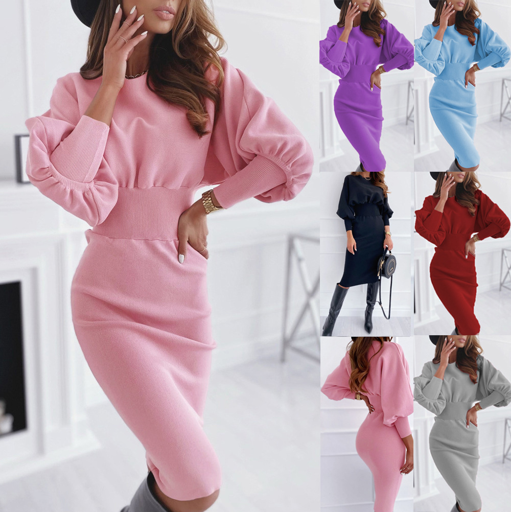 Ebay Cross-Border Wish European and American Casual Pure Color Round Neck Waist Knitwear Sexy Hip Dress Women's Clothing