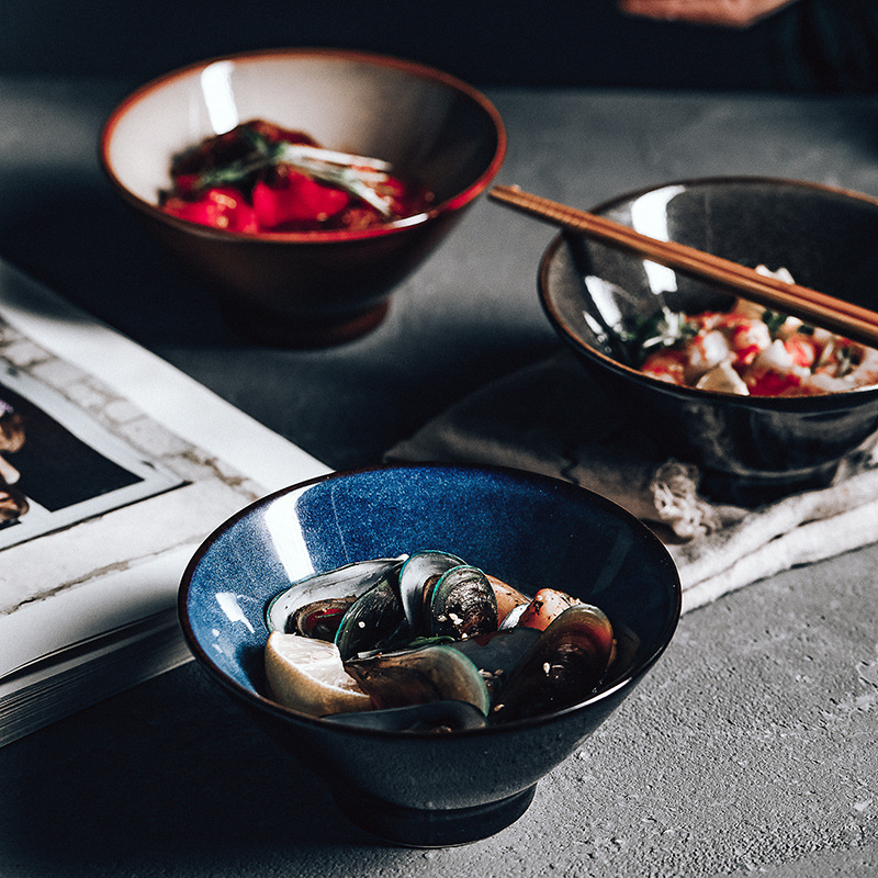 Estilo japonés retro tazón de fideos hogar tazón de arroz creativo tazón de sopa horno de cerámica cambio vajilla cubo ensalada tazón fideos tazón grande